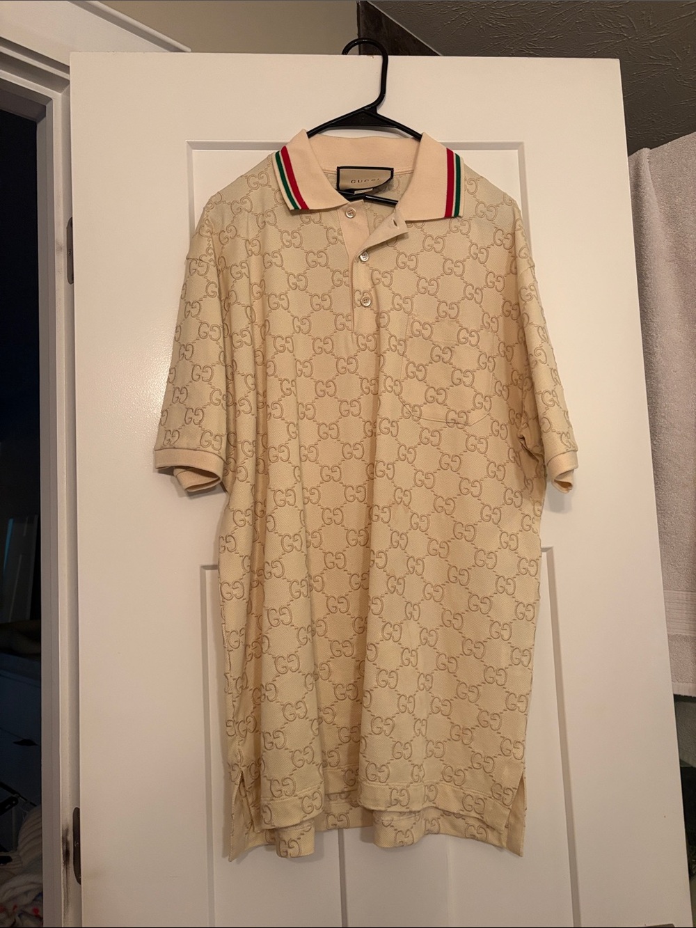 AUTHENTIC Gucci Beige GG Embossed Monogram Polo Shirt Button Up XL